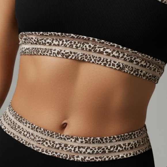 Ribbed Leopard Trim Bandeau High Waisted Bikini Swimsuit. - Picture 4 of 7